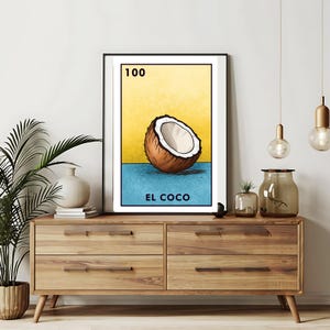 Enviado somente impresso | El coco - Cartões de Loteria Cocunut | Arte de parede desenhada à mão da Loteria | Bingo mexicano | Impressões da Loteria Arte do México |