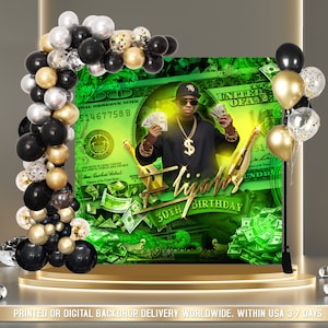 GEDRUCKTE oder DIGITALE grüne Geld Geburtstag Kulisse | Whisky-Geburtstag Kulisse | Des Mannes Geburtstagsparty Hintergrund | Dollar Geburtstagsbanner