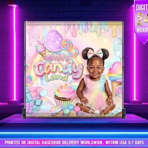 Portret z kreskówki Candy Land urodziny dziecka Tło | Baner ze słodyczami | Tło cukierków | Tło lizaków | Tło świata cukierków |