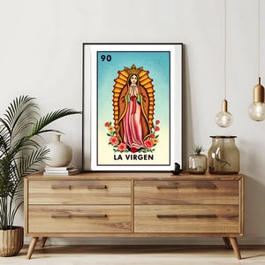 Solo impreso por correo / LA Virgin - Tarjetas de lotería / Arte de pared dibujado a mano de lotería / Bingo mexicano / Impresiones de lotería Arte de México /