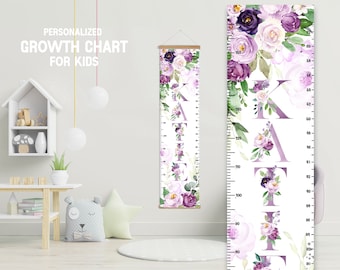 Purple Flowers Height Chart with Hanging Frame, Personalized Flowers Boy Girl Growth Chart,  Flolar Bedroom Nursery Playroom, growth chart