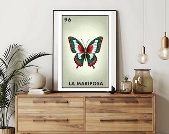 Mailed Printed only | La Mariposa - Butterfly  Loteria cards | Loteria Hand drawn Wall Art | Mexican Bingo| Loteria Prints Mexico Art|