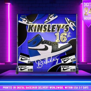 Sfondo per il 16° compleanno con tema sneaker per adolescenti, banner digitale personalizzato con nome, decorazione per feste blu e nere, stampabile o stampato