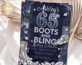Födelsedagsinbjudan med Boots and Bling-motiv, denimdiamanter, festinbjudan, redigerbar 5x7 Western Glam Canvas-tema