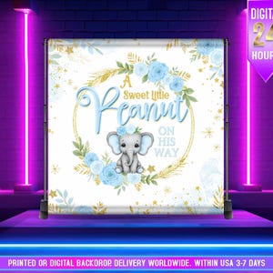 STAMPATO o DIGITALE, Sfondo per baby shower con elefante blu, Un piccolo arachide è in arrivo, Sfondo per baby shower con elefante blu per bambino