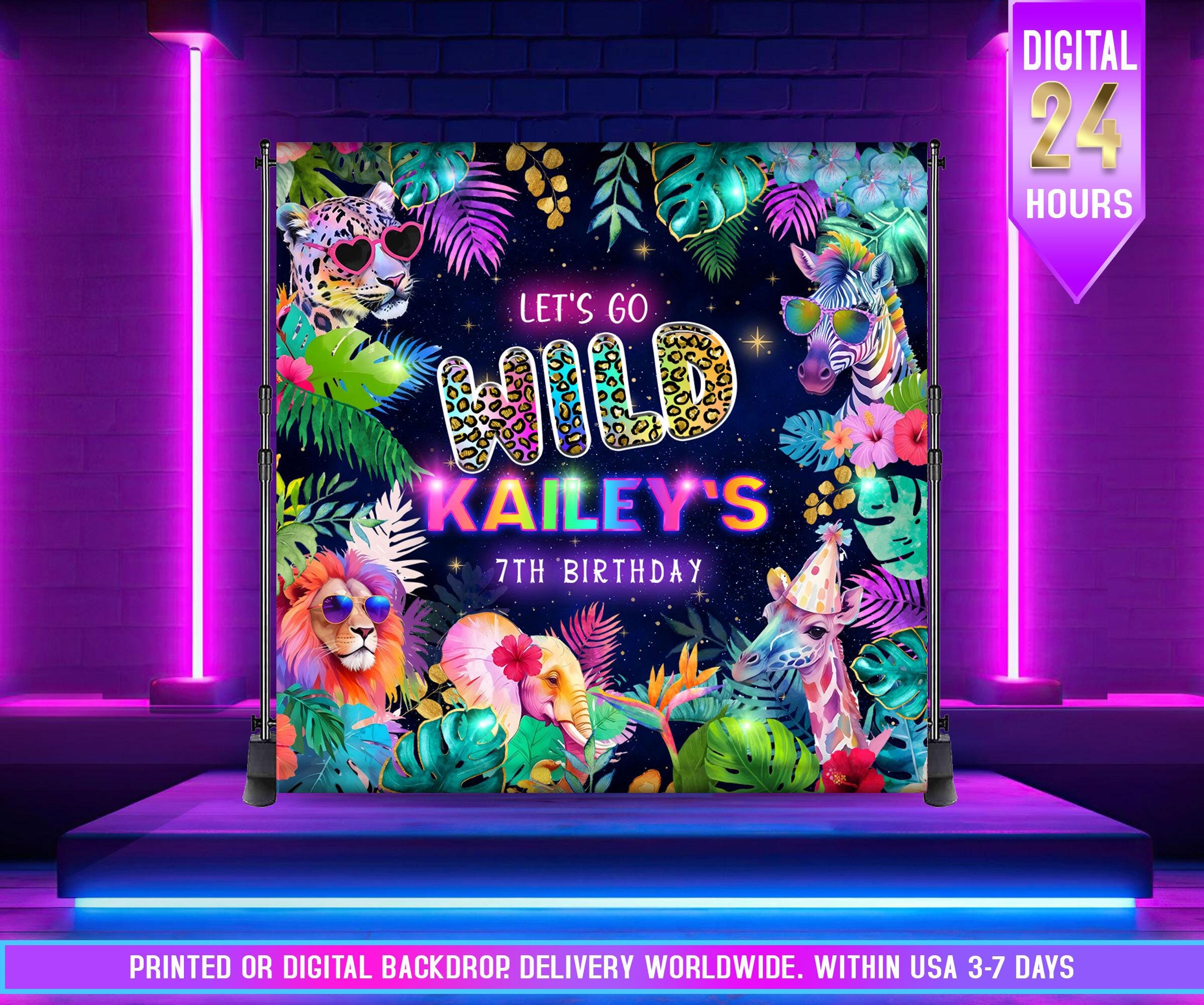 Fondo de cumpleaños con animales salvajes / Fondo de fiesta con temática de animales del zoológico con leopardo arcoíris / Fondo de cumpleaños con fiesta de safari / Fondo de jungla