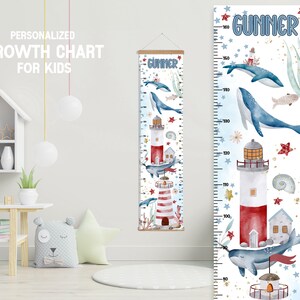 Nautische hoogtemeter met ophangframe, gepersonaliseerde Sailor Boy Girl groeimeter, nautische slaapkamer kinderkamer speelkamer, groeimeter