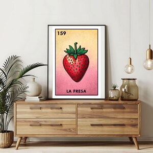 Verzending per post Alleen bedrukt | La Fresa - Strawberry Loteria-kaarten | Loteria handgetekende muurkunst | Mexicaanse bingo| Loteria-afdrukken Mexicaanse kunst|