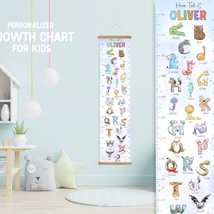 Dierenalfabet hoogtemeter met ophangframe, gepersonaliseerde dieren ABC jongen meisje groeimeter, leer dierennamen slaapkamer kinderkamer speelkamer