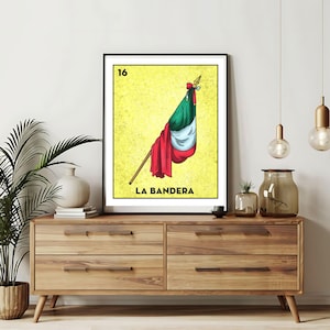 Enviado somente impresso | Cartões da Loteria La Bandera | Arte de parede desenhada à mão da Loteria | Bingo mexicano | Impressões da Loteria Arte do México |