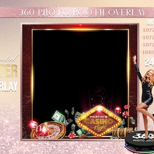 Könnte beinhalten: Ein digitaler Fotobooth-Overlay mit Casino-Thema. Der Overlay verfügt über einen roten und goldenen Rahmen mit schwarzem Hintergrund, ein Roulette-Rad, Spielkarten und ein Schild mit der Aufschrift "Martin's Casino Night".