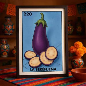 Póster de lotería La Berenjena impreso por correo únicamente, arte de pared de berenjena, decoración de cocina mexicana, impresión de comida atrevida, regalo divertido