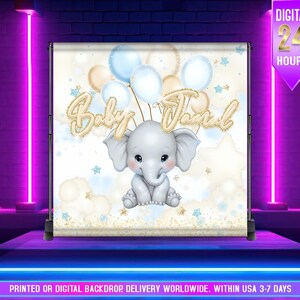 STAMPATO o DIGITALE, Sfondo per baby shower con elefante e palloncini blu, Un piccolo arachide è in arrivo, Sfondo per baby shower con elefante blu per bambino