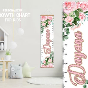 Roze bloemen hoogtemeter met hangend frame, gepersonaliseerde bloemen jongen meisje groeimeter, Flolar slaapkamer kinderkamer speelkamer, groeimeter
