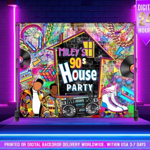 May include: A colorful backdrop with a graffiti-style design featuring a house with the text "Miley's 90s House Party". The backdrop also includes a boombox, roller skates, and a cassette tape.