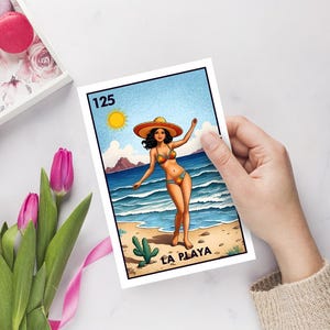 La playa - Tarjeta de felicitación mexicana de lotería de verano de playa, tarjeta de bingo mexicana personalizada,
