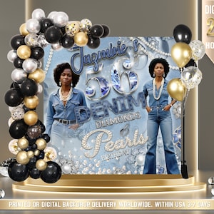 May include: A blue and white birthday backdrop with the text "Jazmine's 50 Denim Diamonds & Pearls Birthday Bash". The backdrop features a woman wearing a denim outfit and a pearl necklace. The backdrop is decorated with silver and gold balloons.