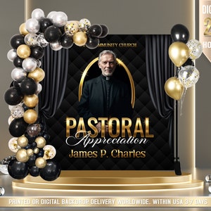 May include: A black and gold backdrop with a photo of a man in a black robe and a gold chain. The backdrop has the text "Pastoral Appreciation James P. Charles" and "Community Church". The backdrop is decorated with black and gold balloons.