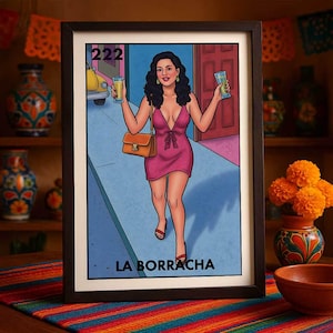 Póster de Lotería La Borracha, impreso únicamente por correo, arte de pared mexicano, impresión divertida para beber, decoración para fiestas latinas.
