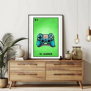 Enviado somente impresso | Cartões da Loteria El Gamer | Arte de parede desenhada à mão da Loteria | Bingo mexicano | Impressões da Loteria Arte do México |