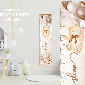 Teddybär-Maßstab mit Hängerahmen, personalisierte Bären-Junge-Mädchen-Wachsatlas, Bären-Schlafzimmer-Kinderzimmer-Spielzimmer, Wachstumsmesstafel