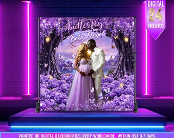 Runder Fotohintergrund „A Little Butterfly Is On The Way“ – 2,2 M Durchmesser, Rosa-violett, Für Babypartys