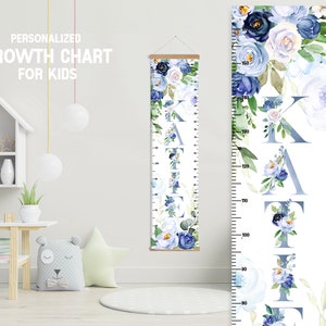 Blauwe bloemen hoogtemeter met hangend frame, gepersonaliseerde bloemen jongen meisje groeimeter, Flolar slaapkamer kinderkamer speelkamer, groeimeter