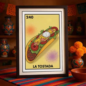 Póster de Lotería de La Tostada, impreso únicamente por correo, arte de pared de comida mexicana, impresión de tacos crujientes, decoración de cocina para amantes de la comida, regalo