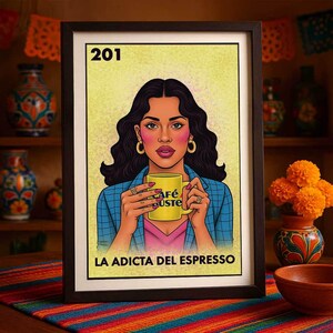 Póster impreso únicamente de La Reina del Café, arte de pared de café Bustelo, impresión de mujer latina, decoración de cocina y café.