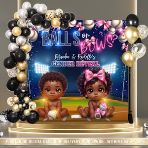 May include: A gender reveal party backdrop with a blue and pink colour scheme. The backdrop features a baseball and bow design with the text "Balls or Bows?" and "Brandon & Rachelle's Gender Reveal".
