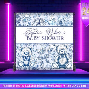 Sfondo per baby shower per bambini, tema baby shower orsetto blu, sfondo vintage con orsetto in tela, elegante design per la doccia, tela