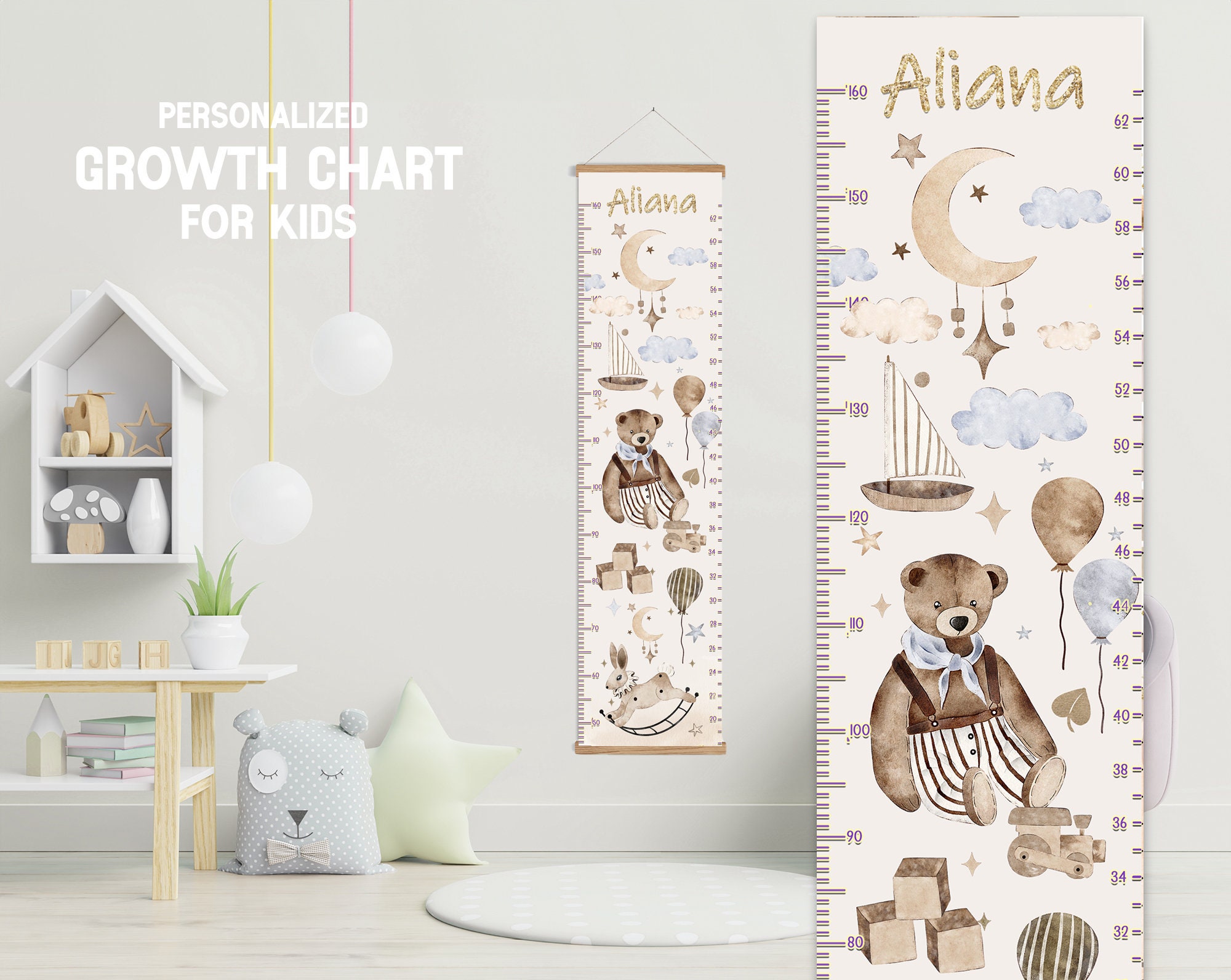 Teddy Bear Height Chart with Hanging Frame, Personalized bear Boy Girl Growth Chart,  Bear Bedroom Nursery Playroom, growth chart