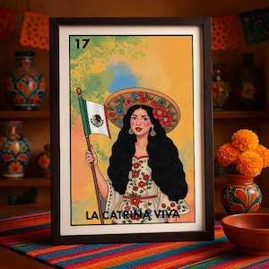 Póster de Lotería La Catrina Viva, arte mural mexicano, impresión de mujer latina, decoración de fiesta, regalo cultural, enviado por correo impreso únicamente.