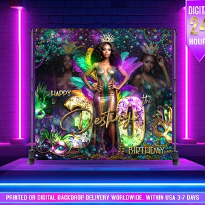 Puede incluir: Un telón de fondo digital morado, verde y dorado con una mujer con un vestido verde y dorado. El telón de fondo presenta el texto "Feliz cumpleaños número 30" y decoraciones con temática de Mardi Gras.