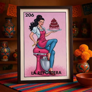 Póster de Lotería de La Repostera, arte de pared para mujer panadera, impresión de chef pastelera latina, decoración para hornear en la cocina, regalo, envío impreso únicamente