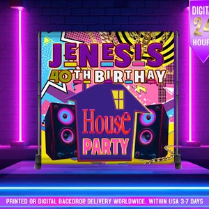 May include: A digital backdrop for a 40th birthday party with a purple, pink, and yellow color scheme. The backdrop features the text "JENESIS 40TH BIRTHDAY HOUSE PARTY" with a house graphic and two speakers.