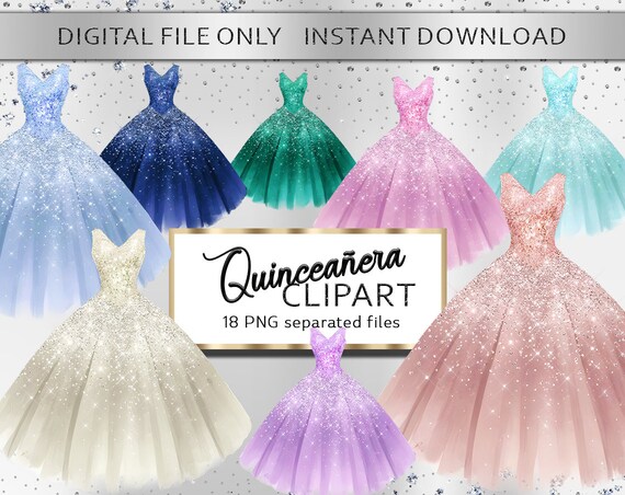 Watercolor Glitter Dresses Clipart 2, sparkling prom gown clip art,Princess  watercolor clipart, Quinceaera clipart,Elegant Wedding Dresses
