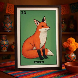 Mailed Printed only  El Zorro Loteria Poster Fox Animal Wall Art Mexican Woodland Decor Forest Creature Print Gift