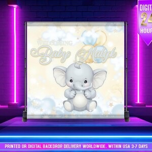 STAMPATO o DIGITALE, Sfondo per baby shower con elefante e palloncini blu, Un piccolo arachide è in arrivo, Sfondo per baby shower con elefante blu per bambino