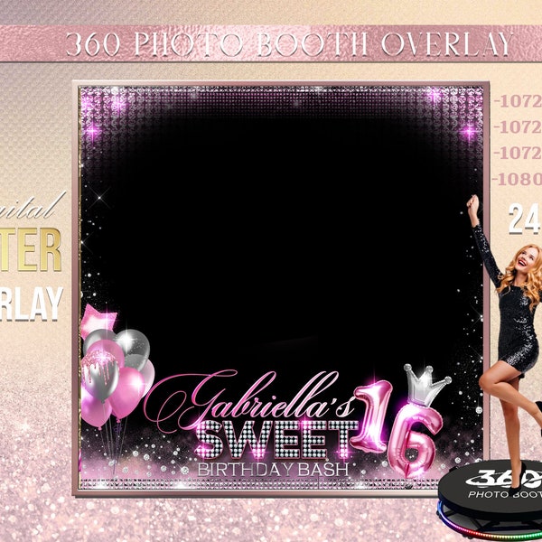 Sweet 16  Birthday Photo Booth Photo Template, Sweet 16  birthday overlay photo Booth Overlay , 360 Photo Template pink Overlay