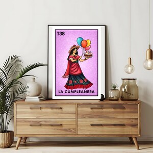 Enviado somente impresso | Cartões de loteria la cumpleañera - aniversário | Arte de parede desenhada à mão da loteria | Bingo mexicano | Impressões da loteria Arte do México |