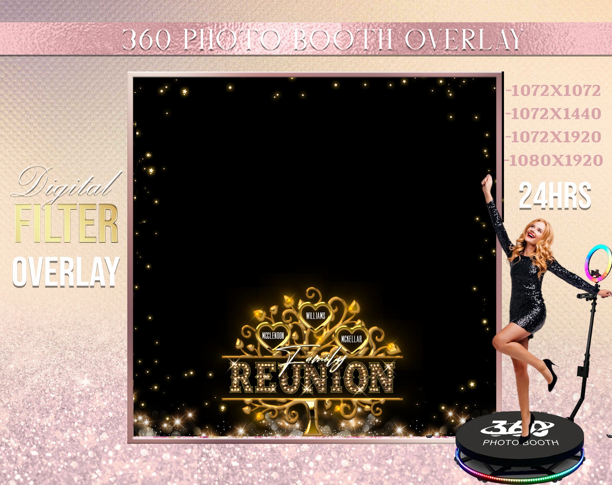 Family reunion  Gold Photo Booth, family tree Photo Template Birthday Party, Reunion photo Booth Overlay ,360 Photo Template