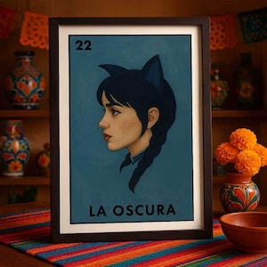 Póster de Lotería La Oscura, impreso únicamente por correo, arte de pared de chica oscura, estampado gótico latino, decoración femenina misteriosa, regalo