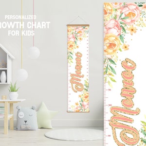 Blozen bloemen hoogtemeter met hangend frame, gepersonaliseerde bloemen jongen meisje groeimeter, Flolar slaapkamer kinderkamer speelkamer, groeimeter