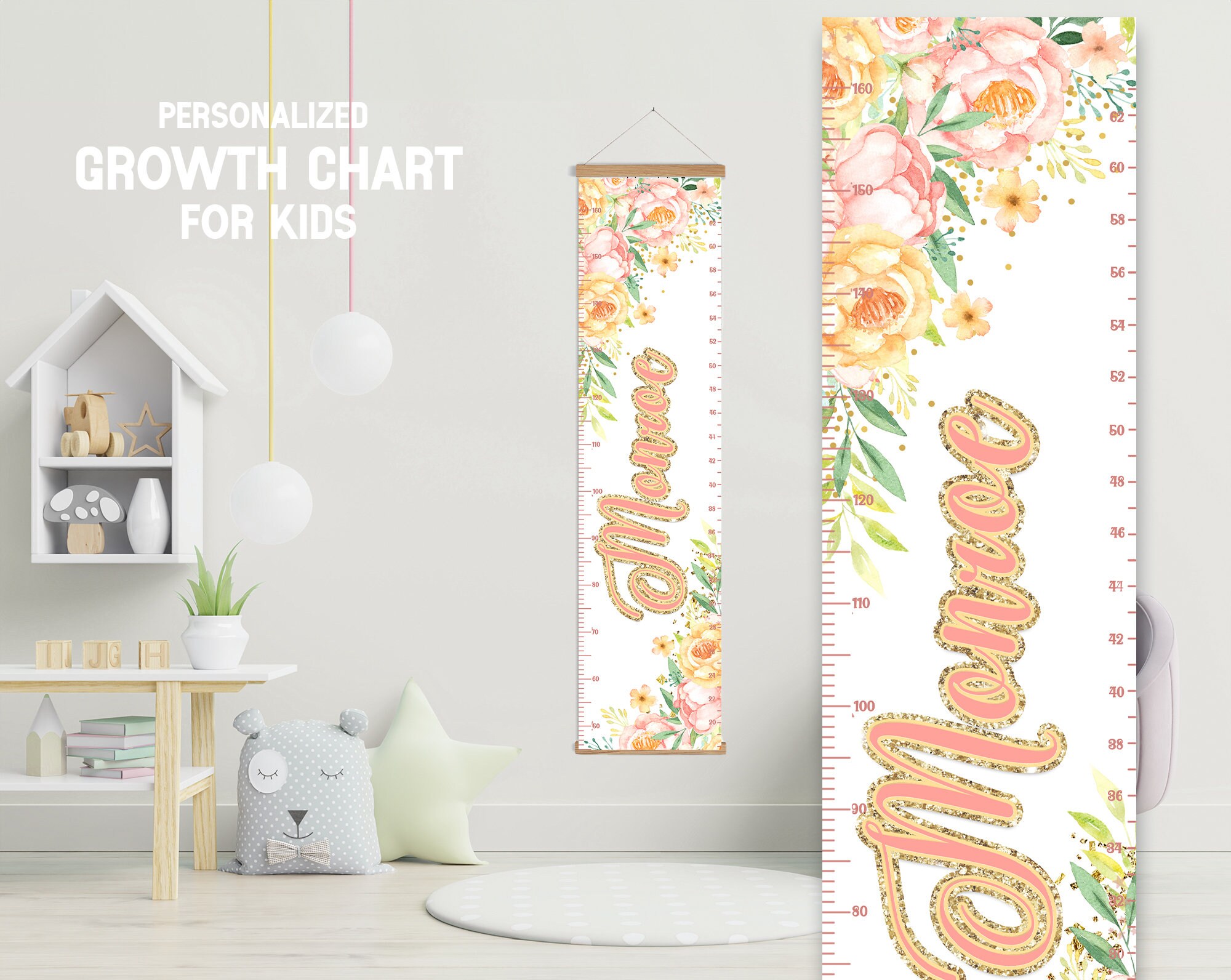 Blush Flowers Height Chart with Hanging Frame, Personalized Flowers Boy Girl Growth Chart,  Flolar Bedroom Nursery Playroom, growth chart
