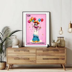 Verzending per post Alleen bedrukt |  la cumpleañera Loteria-kaarten - verjaardag | Loteria handgetekende muurkunst | Mexicaanse bingo| Loteria-afdrukken Mexicaanse kunst|