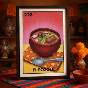 Verzending per post Alleen bedrukt | El Pozole-loteríakaart | Mexicaanse bingokunstprint | Traditioneel voedselthema | Mexicaanse volkskunst voedseleditie | Latinx-keuken