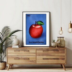 Enviado somente impresso | Cartões da Apple Loteria La Manzana | Arte de parede desenhada à mão da Loteria | Bingo mexicano | Impressões da Loteria Arte do México |