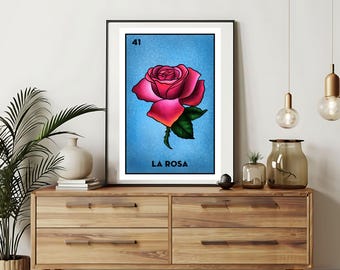 Mailed Printed only | La Rosa - Rose  Loteria cards | Loteria Hand drawn Wall Art | Mexican Bingo| Loteria Prints Mexico Art|