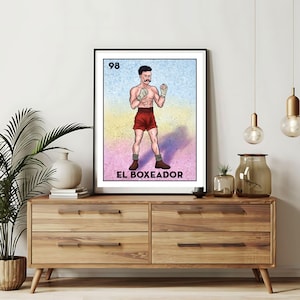 Enviado somente impresso | Cartões da Loteria El Boxeodor | Arte de parede desenhada à mão da Loteria | Bingo mexicano | Impressões da Loteria Arte do México |